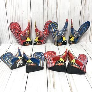 Set of 6 Vintage Hand Painted Rustic Folk Art Rooster Napkin Ring Holders